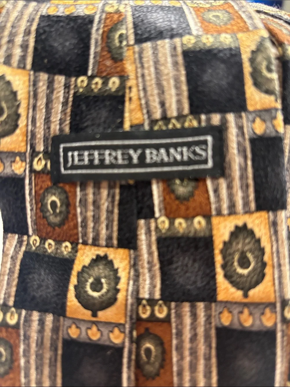 Jeffrey Banks Geometric Pattern Silk Tie in Black, Gold & Brown
